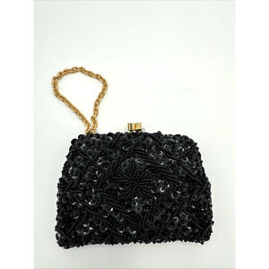 Vintage 1960s Small Wristlet Evening Purse Black Glass Bead Sequins JEM
